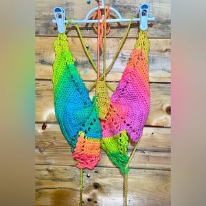Handmade Rainbow Tie-Dye Crochet Butterfly Top Sz Small